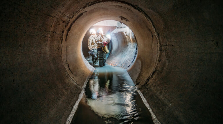 Sewer,Tunnel,Workers,Examines,Sewer,System,Damage,And,Wastewater,Leakage